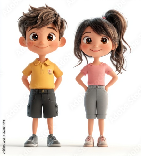 3D Cartoon Characters Happy Boy and Girl Standing Together