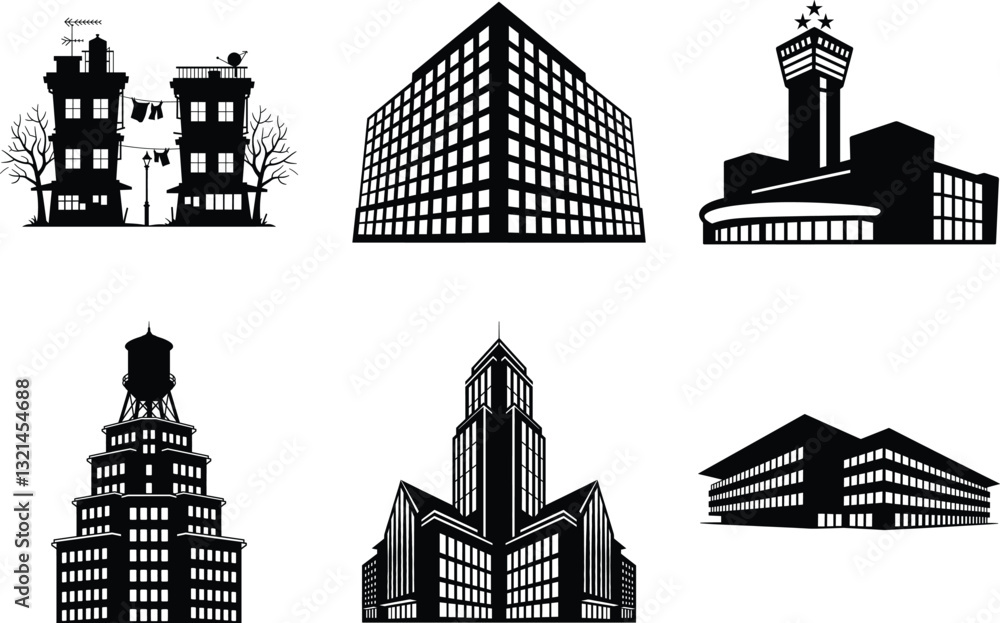 Obraz premium Building silhouette clipart bundle design, Building icon vector Illustration, Apartment illustration, architecture logo. Building vector illustration.
