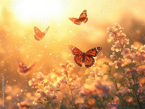 Beautiful summer morning landscape with flowering plants in the rays of the rising sun with morning dew and flying butterflies