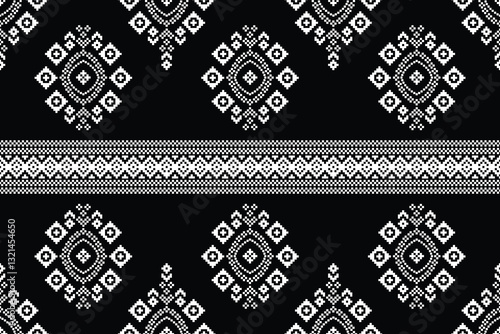 Fabric pattern traditional ethnic motif ikat geometric cross stitch.Ikat embroidery Ethnic oriental Pixel black label background. Abstract,vector,illustration. Texture,decoration,wallpaper.