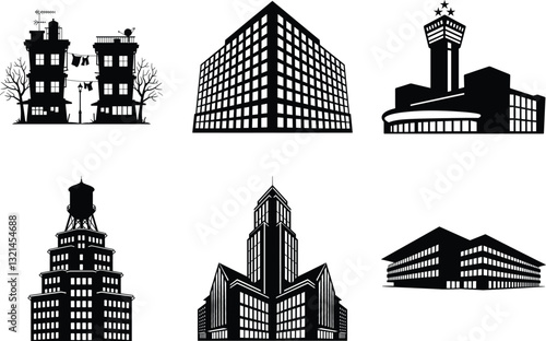 Building silhouette clipart bundle design, Building icon vector Illustration, Apartment illustration,  architecture logo. Building vector illustration.