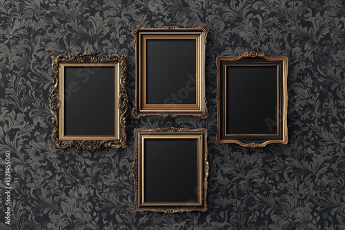 Vintage ornate empty picture frames on dark decorative wall background