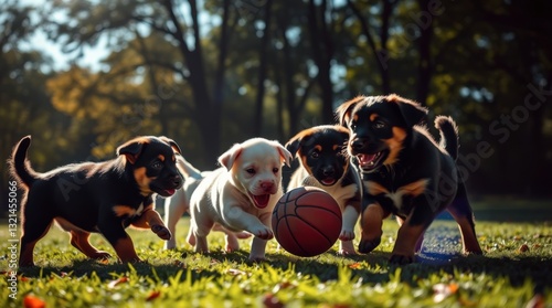 Puppies Playing with Basketball in a Sunny Park on the Grass