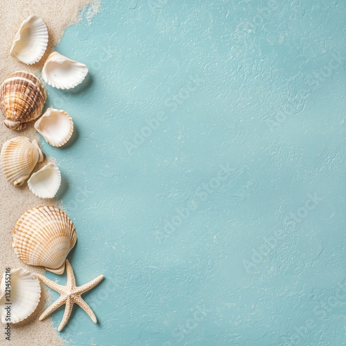 Calm aquamarine shoreline background with scattered seashells and starfish creating a relaxing coastal summer frame