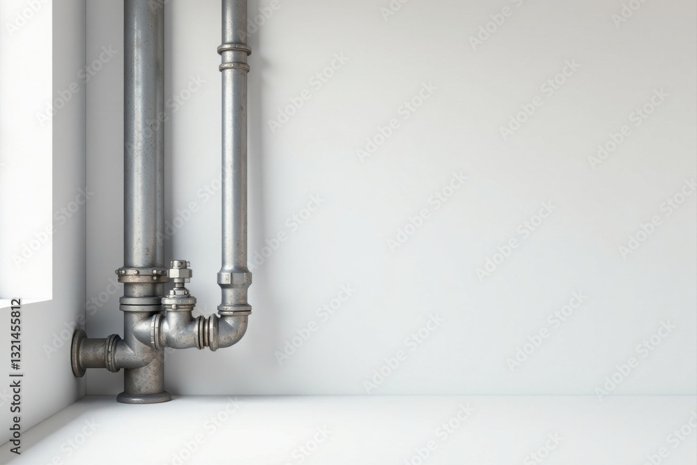 Industrial pipe system in a minimalist interior setting against a plain white wall Industrial pipe system in a minimalist interior setting against a plain white wall
