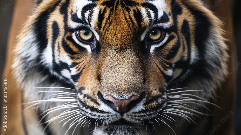 Fototapeta premium Close-up portrait of a tiger looking directly at the camera with striking eyes and detailed fur against a blurred background