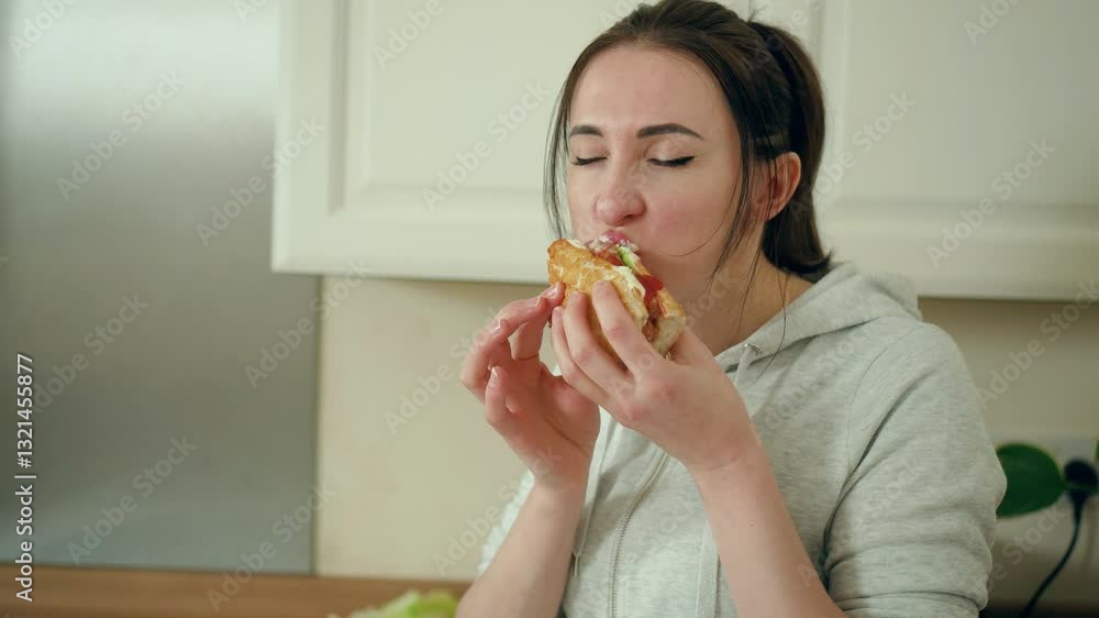 Woman eating hot dog in modern white kitchen. Female enjoying freshly made sandwich in contemporary cooking space. Lady tasting homemade snack in stylish culinary area Woman eating hot dog in modern white kitchen. Female enjoying freshly made sandwich in contemporary cooking space. Lady tasting homemade snack in stylish culinary area