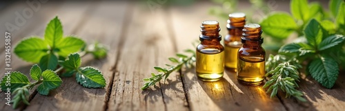 Panoramic shot of three essential oil bottles, fresh peppermint twigs on wooden surface. Natural herbal aroma, spa health beauty, healthy fresh wellness, essence therapy. Alternative medicine