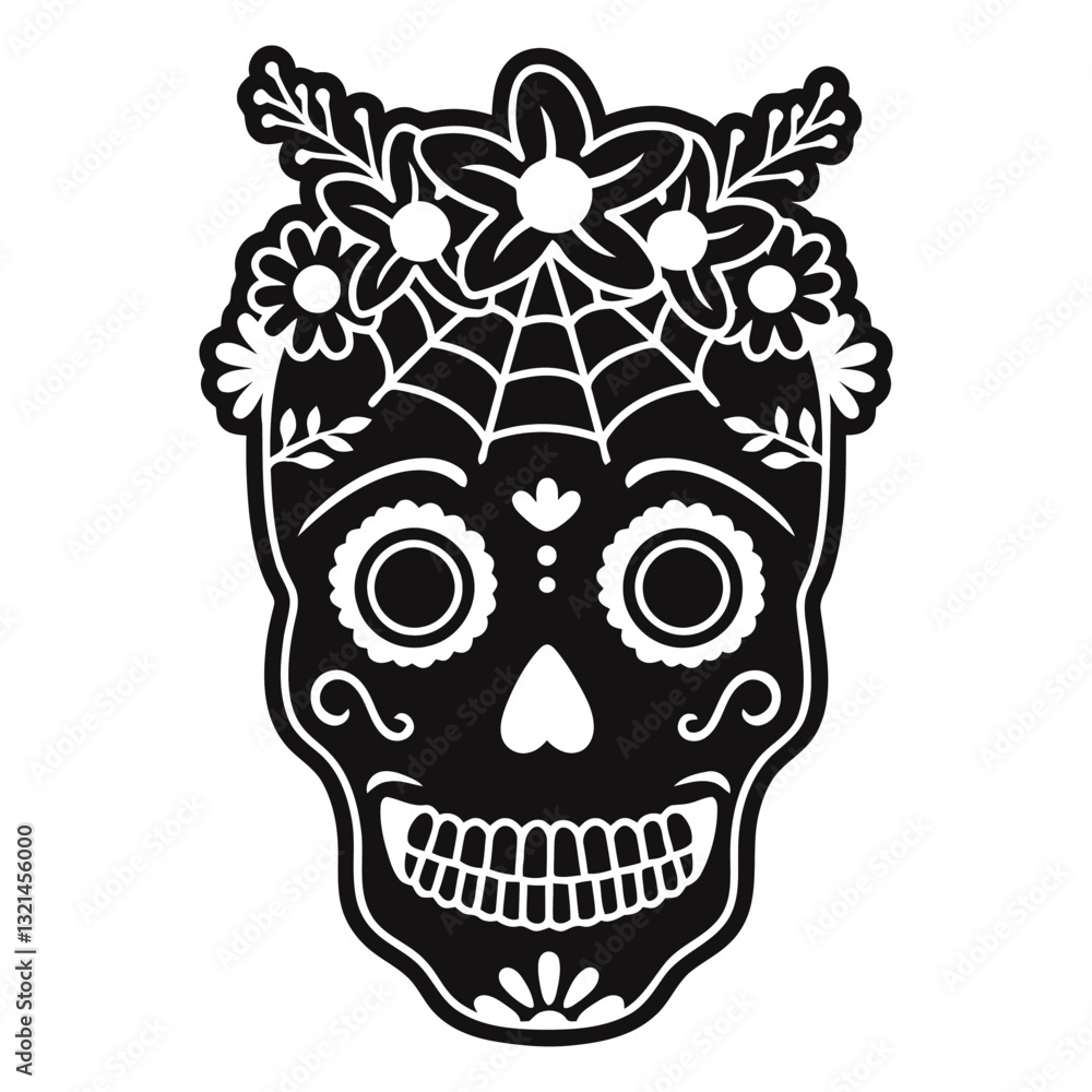Fototapeta premium Festive Skull: An eye-catching, monochrome depiction of a beautifully decorated skull, adorned with floral elements and intricate web details, symbolizing the vibrant spirit of celebration.
