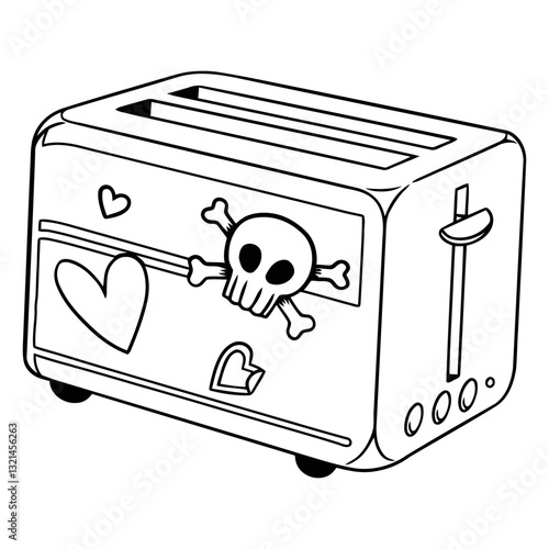 Black and White Toaster with Heart Skull: The artful toaster is adorned with iconic punk symbols like hearts and a skull, capturing an element of artistic expression in every detail.