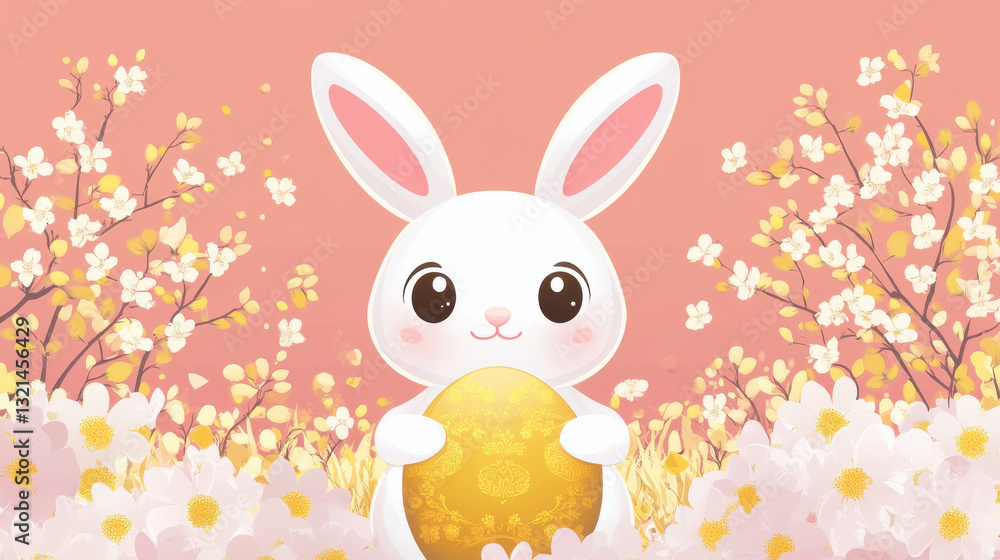 Obraz premium Cute bunny holding golden egg in floral spring setting