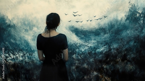 Contemplation: A Woman Gazes at a Misty Landscape