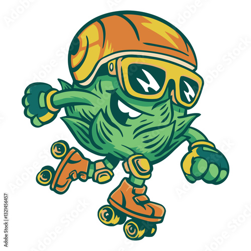 Cool Hop Roller: A dynamic illustrated hop character, exuding a sense of fun and adventure, confidently glides along on roller skates. The artwork captures a cool aesthetic.