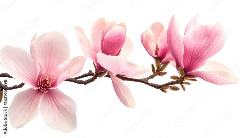 Obraz premium Pink Magnolia Blossoms on Branch Against White Background