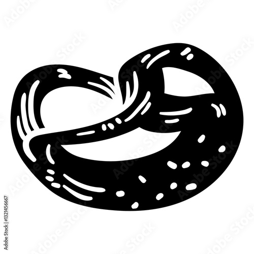 Pretzel Illustration: A delicious pretzel, illustrated in a black and white style, showcasing its knotty shape and baked texture. Perfect for bakery menus, branding, or food-related designs.