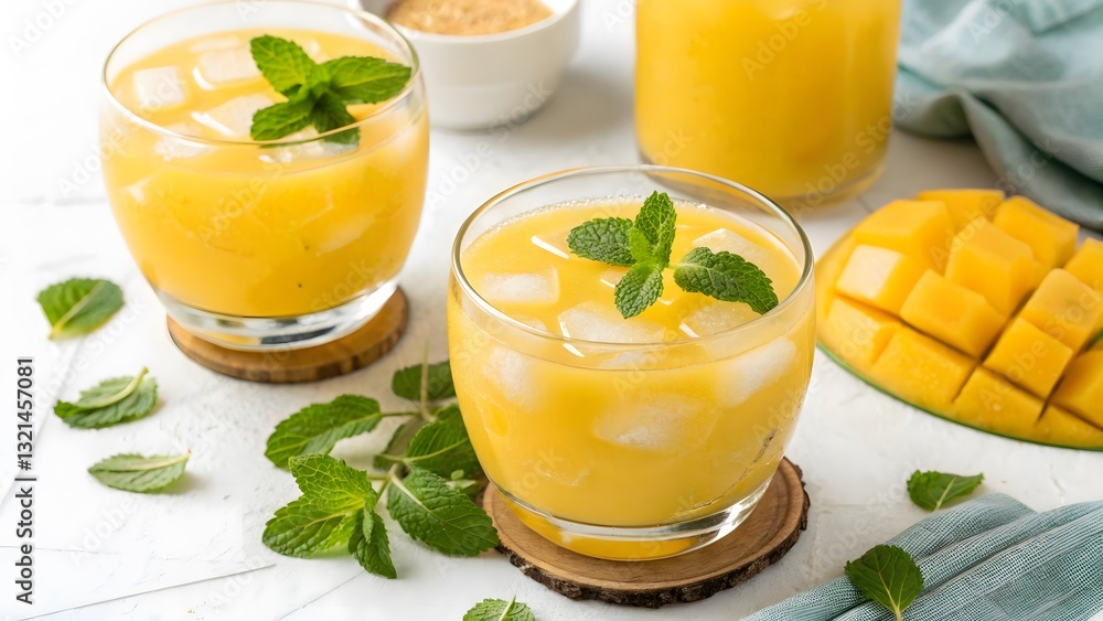 Refreshing Mango Mint Iced Drink, perfectly chilled with ice cubes and fresh mint leaves. A vibrant yellow hue, enticing and delicious summer beverage. Refreshing Mango Mint Iced Drink, perfectly chilled with ice cubes and fresh mint leaves. A vibrant yellow hue, enticing and delicious summer beverage.