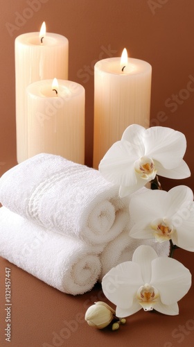 Relaxation is at its peak with soft candles, beautiful orchids, and plush towels in this tranquil spa setting, perfect for renewal