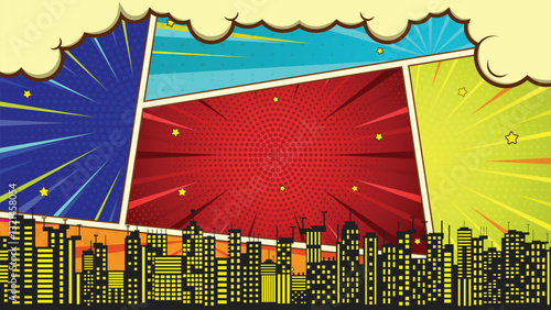 Colorful comic scene background with city silhouette