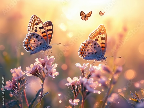 Beautiful summer morning landscape with flowering plants in the rays of the rising sun with morning dew and flying butterflies