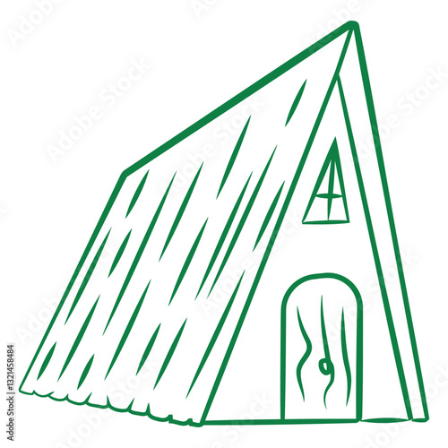 Cozy Cabin Sketch: A simplistic green sketch of a triangular cabin, perfect for outdoor activities and leisure, emphasizing tranquility. 