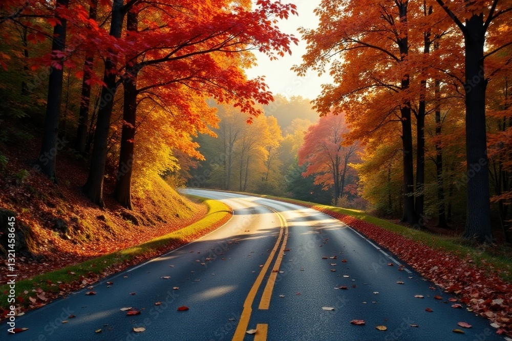 Obraz premium Autumnal Road Winding Through a Canopy of Vibrant Fall Foliage