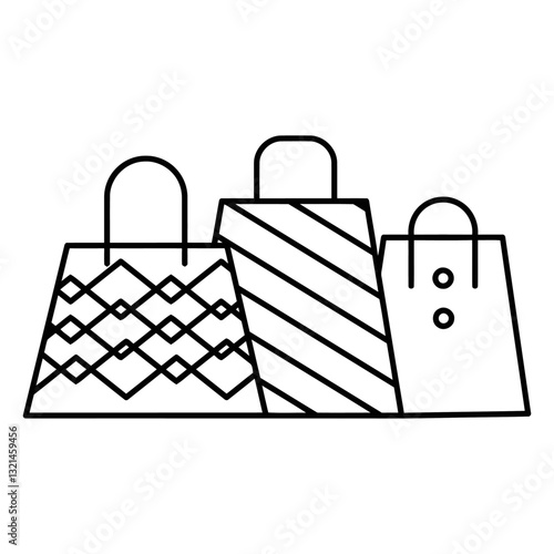 Shopping Symphony: An illustration that depicts a collection of shopping bags, each uniquely adorned with diverse designs and patterns, representing the essence of retail, consumerism.