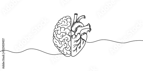 One line drawing of half of a human brain and a human heart. Vector illustration