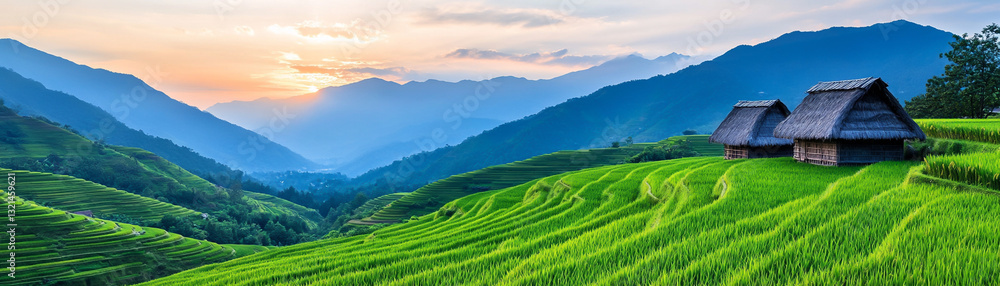 Fototapeta premium Serene sunset over lush green rice terraces with traditional huts, showcasing nature beauty