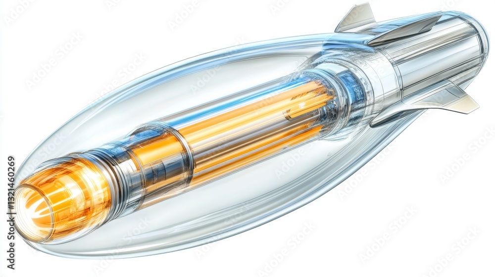 Translucent 3D rendering of a futuristic missile or projectile, showcasing internal components in shades of orange and yellow against a white background.