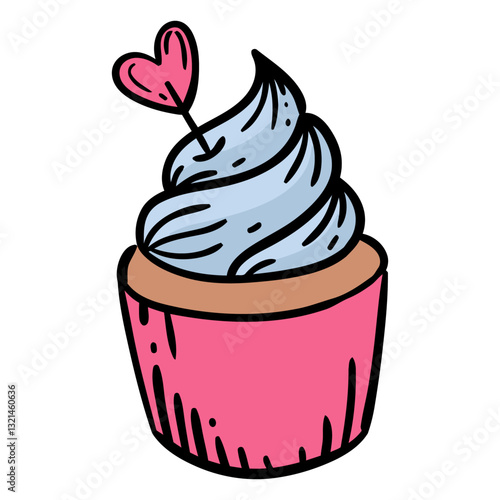 Sweetheart Cupcake: Adorable vector cupcake illustration adorned with pink heart-shaped pick atop pastel frosting and vibrant liner, evokes warmth and romance.