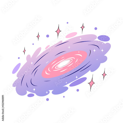 Vector illustration of a stylized spiral galaxy with glowing stars, symbolizing space, astronomy, and the vastness of the universe.