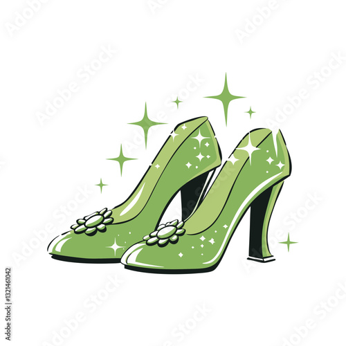 Vector illustration of a pair of elegant, sparkling high-heeled shoes with floral details, symbolizing fashion, glamour, and sophistication.
