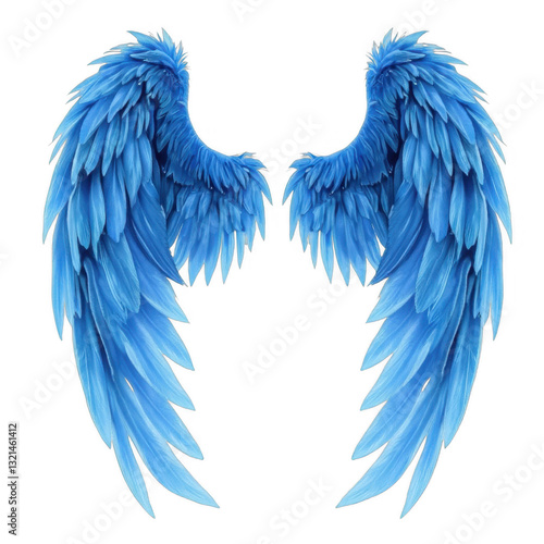 Vibrant blue angel wings, artistic design, symbolizes freedom and hope, perfect for inspirational themes and creative projects. Isolated on white background or PNG