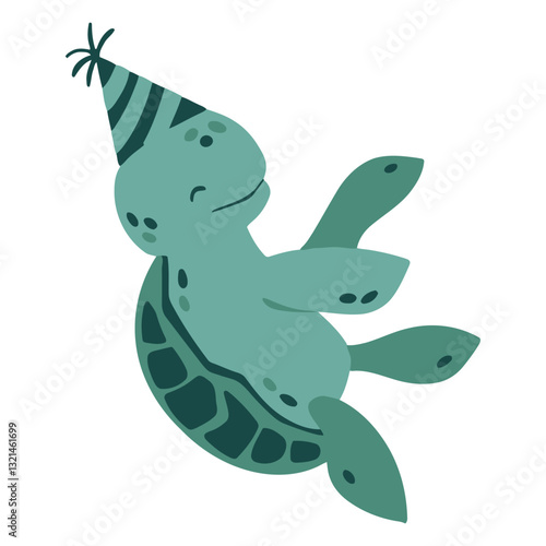 Celebratory Sea Turtle: Animated sea turtle, adorns a party hat, capturing a mood of pure elation and amusement.