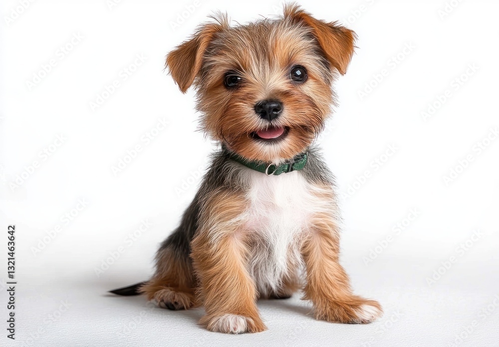 Cute Yorkshire Terrier Puppy Sitting on White Background Portrait with Green Collar and Microchip Tag Cute Yorkshire Terrier Puppy Sitting on White Background Portrait with Green Collar and Microchip Tag