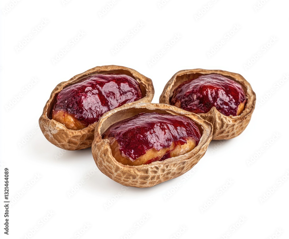 Peanut halves filled with a red sweet spread