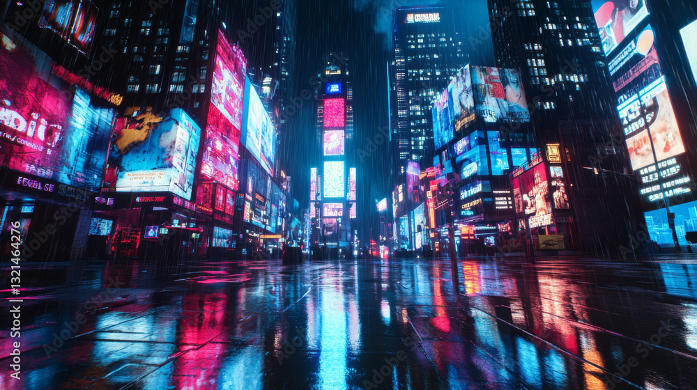 A high-quality 3D rendering of illuminated billboards and advertisement signs on towering buildings in a vibrant capital city, with reflections shimmering on wet streets