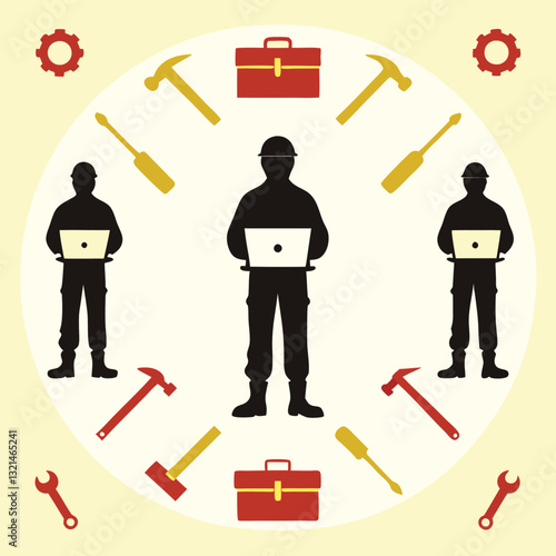 Construction Laborers in Action Silhouette Icon Set