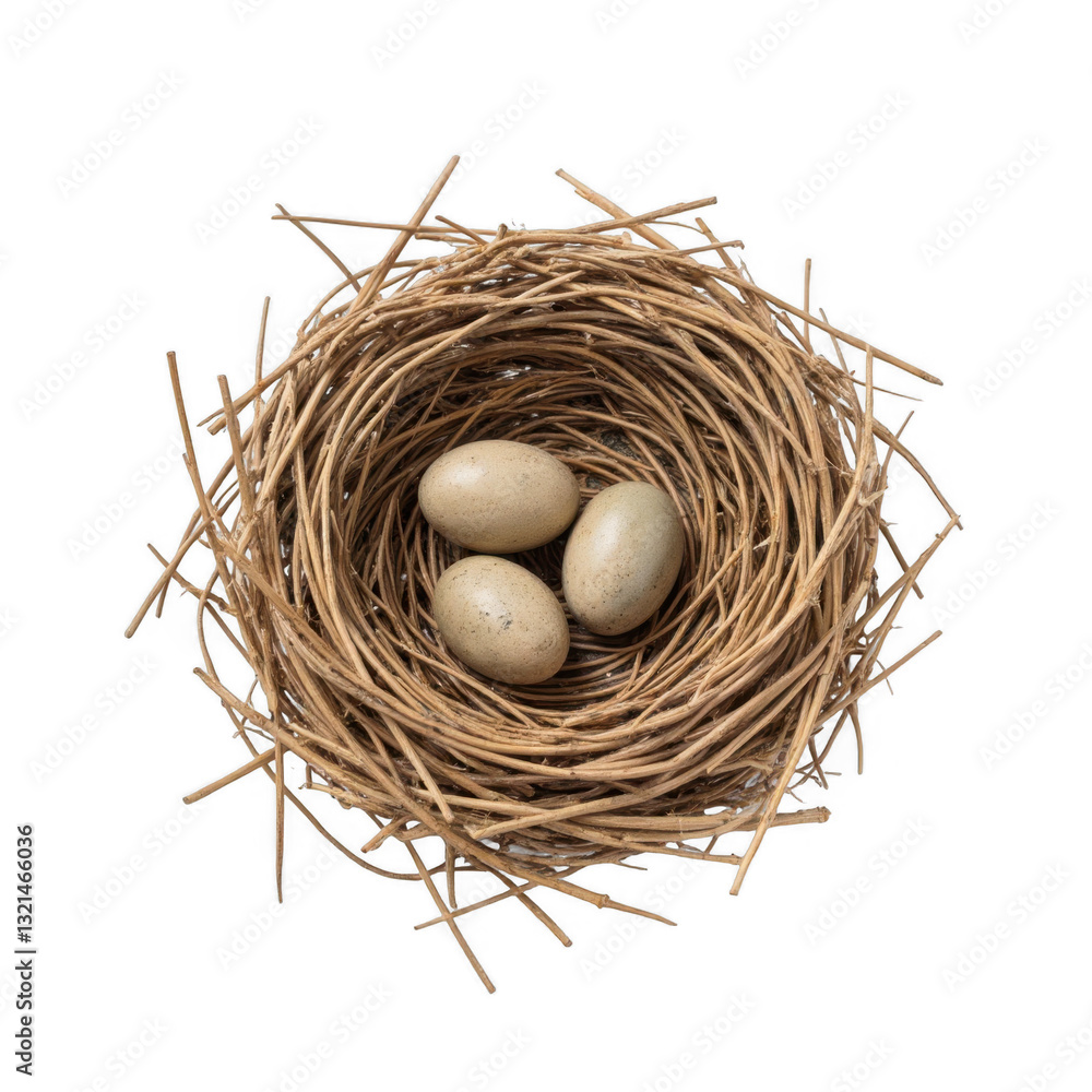 Natural bird nest with speckled eggs, cozy setting, symbolizing new beginnings and growth, perfect for eco-themed projects. Isolated on white background or PNG Natural bird nest with speckled eggs, cozy setting, symbolizing new beginnings and growth, perfect for eco-themed projects. Isolated on white background or PNG