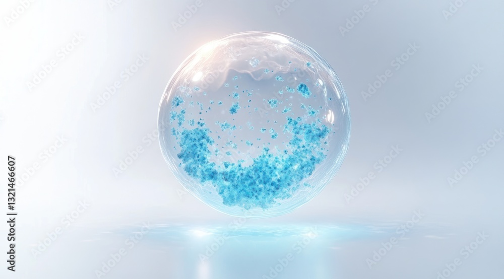 Translucent Bubble with Blue Particles in Photorealistic Style for Skincare Cosmetcs and Liquid Serum Concept Translucent Bubble with Blue Particles in Photorealistic Style for Skincare Cosmetcs and Liquid Serum Concept