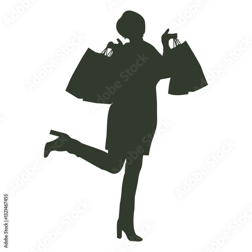 Shopping spree Silhouette: A full length silhouette illustration, woman carrying multiple shopping bags, expressing the joys of retail therapy