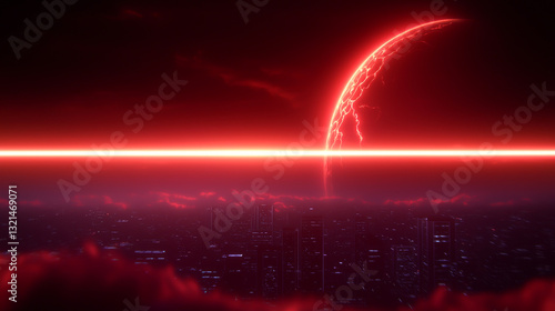 Stunning cosmic view of a red planet and glowing horizon above a futuristic cityscape.