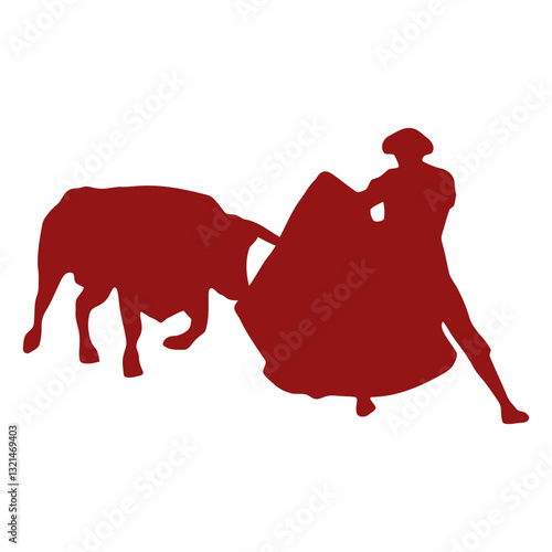 Duel of Courage: A striking silhouette of a matador fearlessly facing off against a powerful bull, set against a vibrant backdrop, capturing the raw energy and drama of the spectacle.