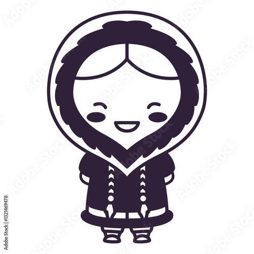 Inuit Character: A delightful and cheerful Inuit character with a warmly furred hood, smiling with a welcoming expression.