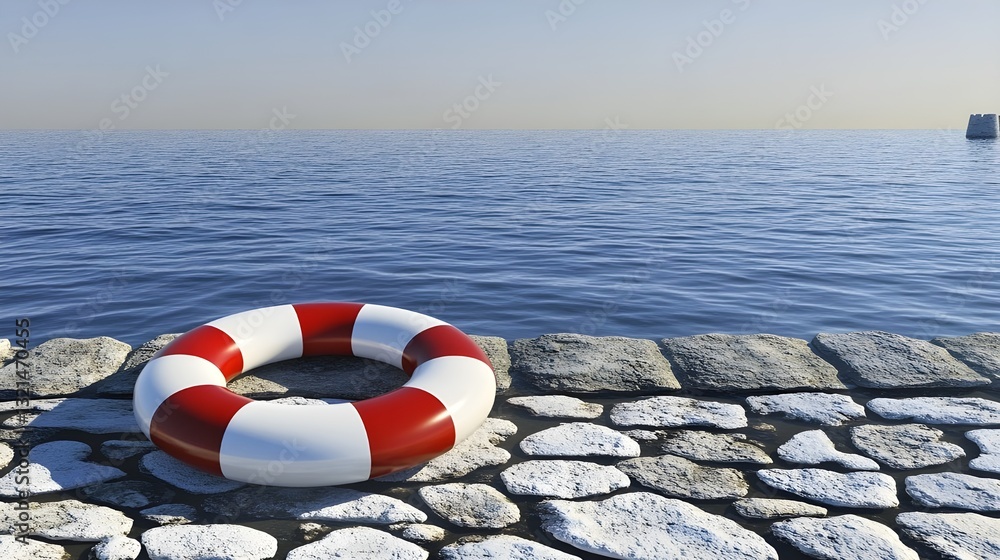 Fototapeta premium Red and white lifebuoy on a stone pier.