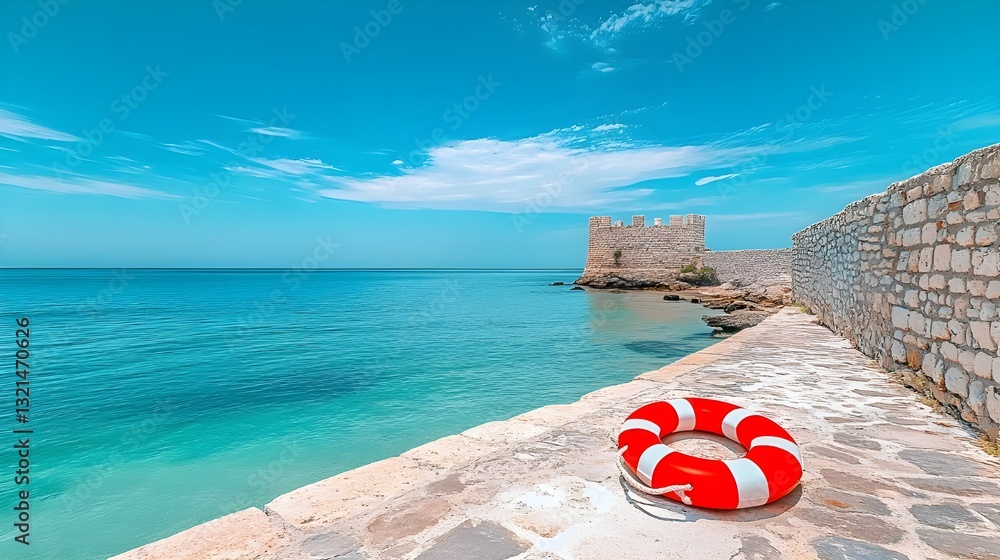 Obraz premium Red and white lifebuoy on a stone pier.