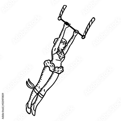 Aerial Acrobat: A dynamic black and white illustration captures the grace and strength of an aerial acrobat mid-performance, soaring through the air.