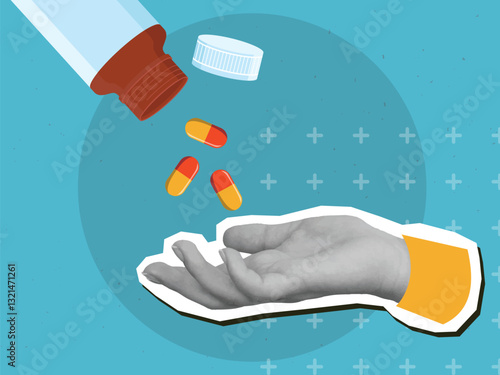 Capsules pills spill out of the jar into black and white hand. Modern collage style. Vector illustration