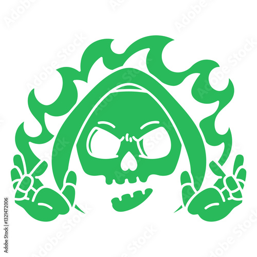 Fiery Apparition: A spectral green figure, wreathed in flames, evokes a sense of mystery and fantasy with its stylized and evocative design.