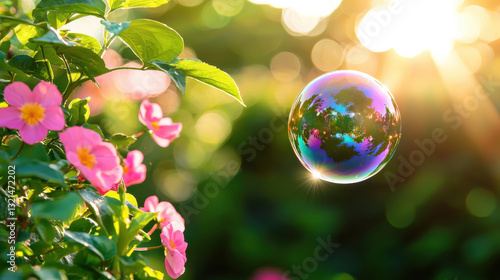 colorful soap bubble floating in sunlit garden surrounded by vibrant flowers creates magical atmosphere. sunlight enhances beauty of nature